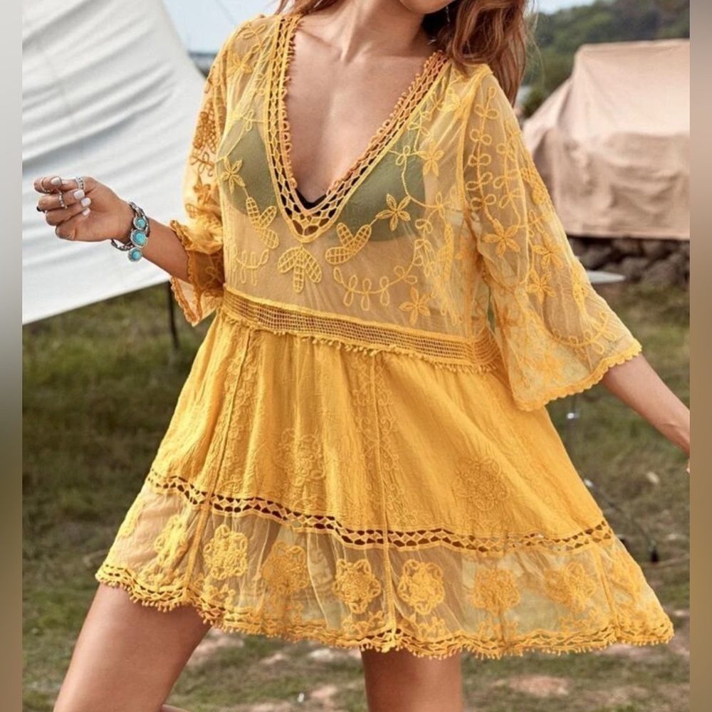Bohemian Embroidered Floral Lace Sheer Mesh Top Swimsuit Coverup - Picture 5 of 9